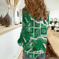 Hawaii Japanese Culture Green Women Casual Shirt Spring Cranes Aloha Pattern