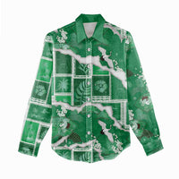 Hawaii Japanese Culture Green Women Casual Shirt Spring Cranes Aloha Pattern