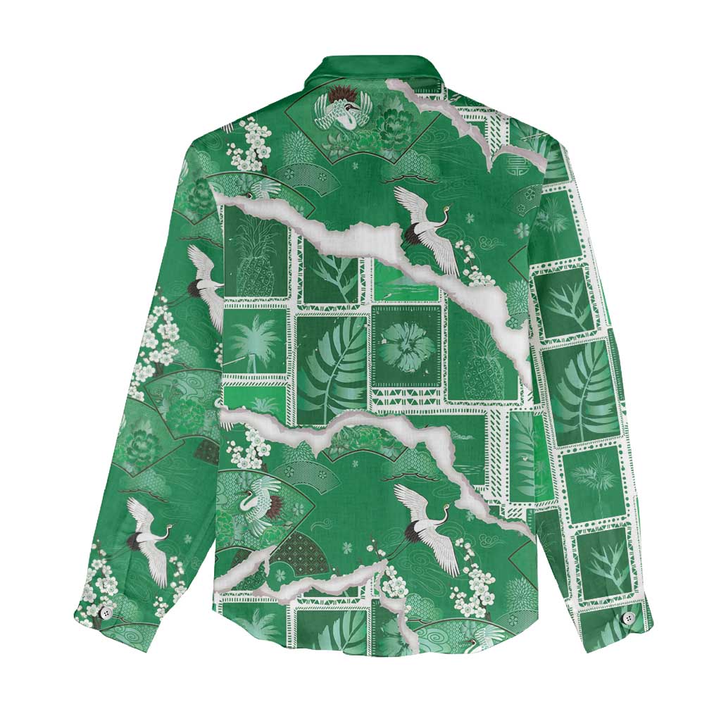 Hawaii Japanese Culture Green Women Casual Shirt Spring Cranes Aloha Pattern