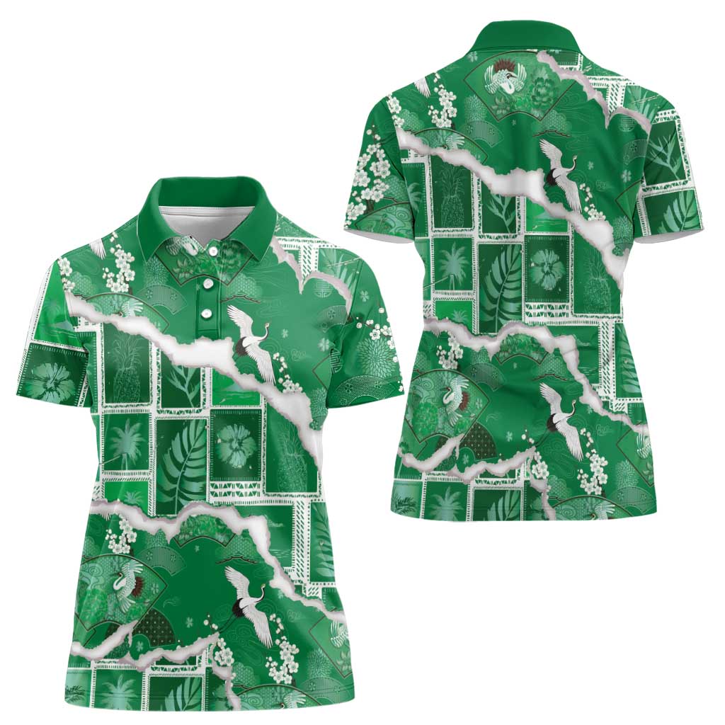 Hawaii Japanese Culture Green Women Polo Shirt Spring Cranes Aloha Pattern