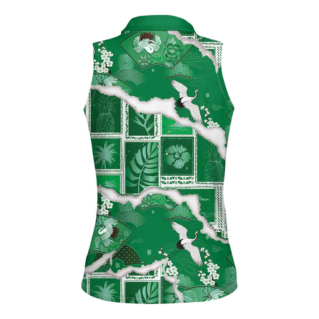 Hawaii Japanese Culture Green Women Sleeveless Polo Shirt Spring Cranes Aloha Pattern