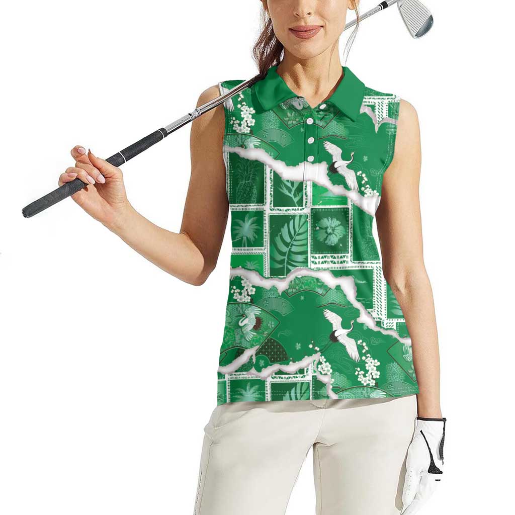 Hawaii Japanese Culture Green Women Sleeveless Polo Shirt Spring Cranes Aloha Pattern