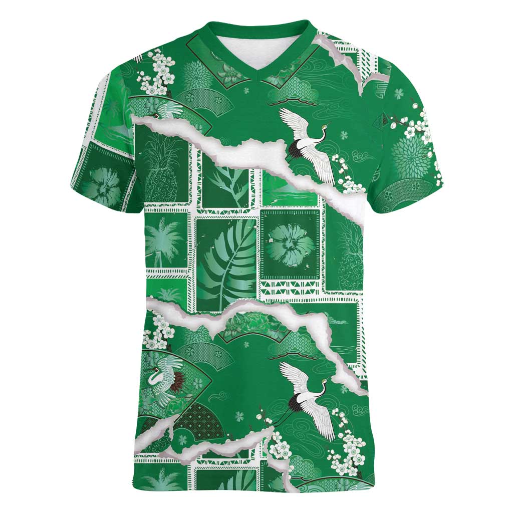 Hawaii Japanese Culture Green Women V-Neck T-Shirt Spring Cranes Aloha Pattern