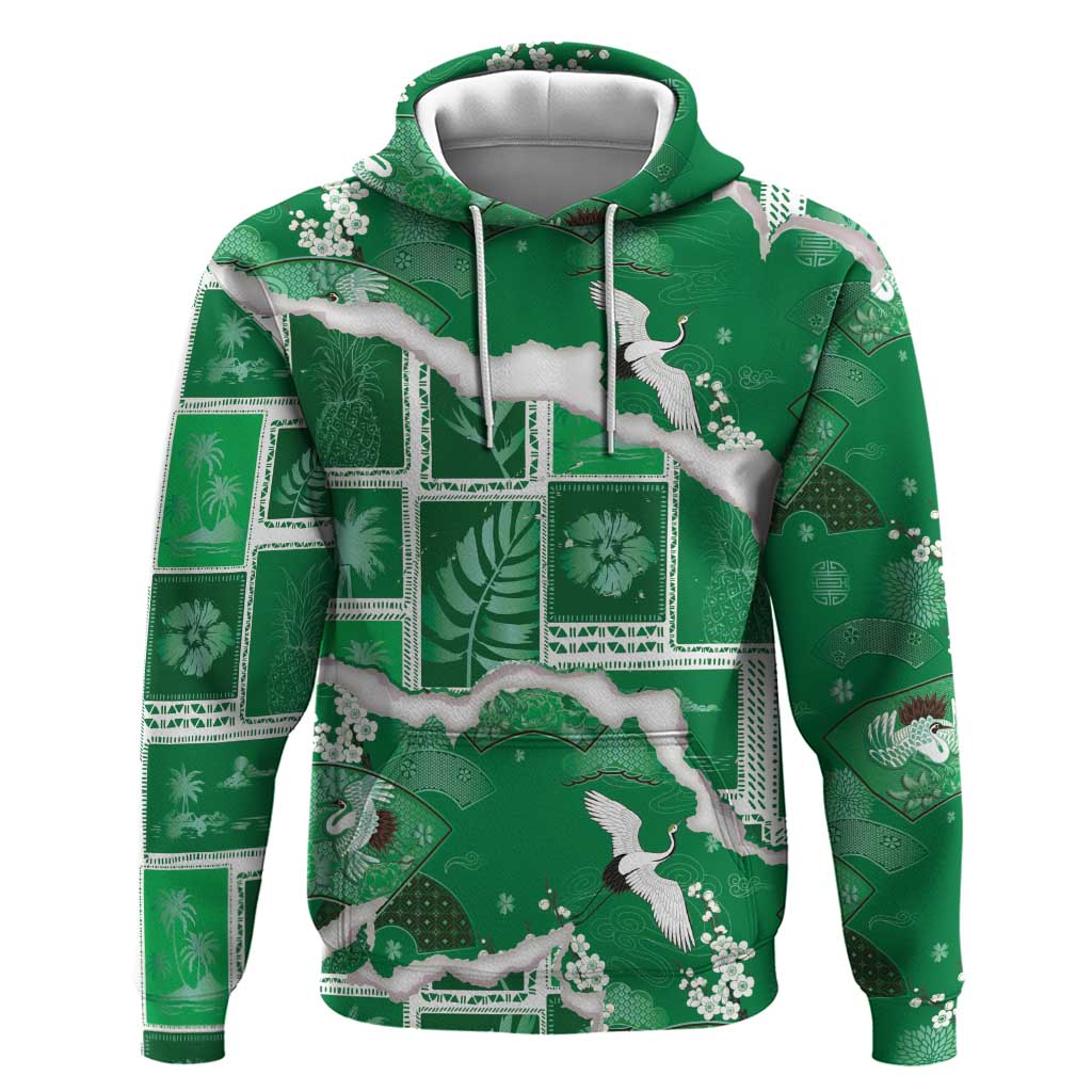 Hawaii Japanese Culture Green Zip Hoodie Spring Cranes Aloha Pattern