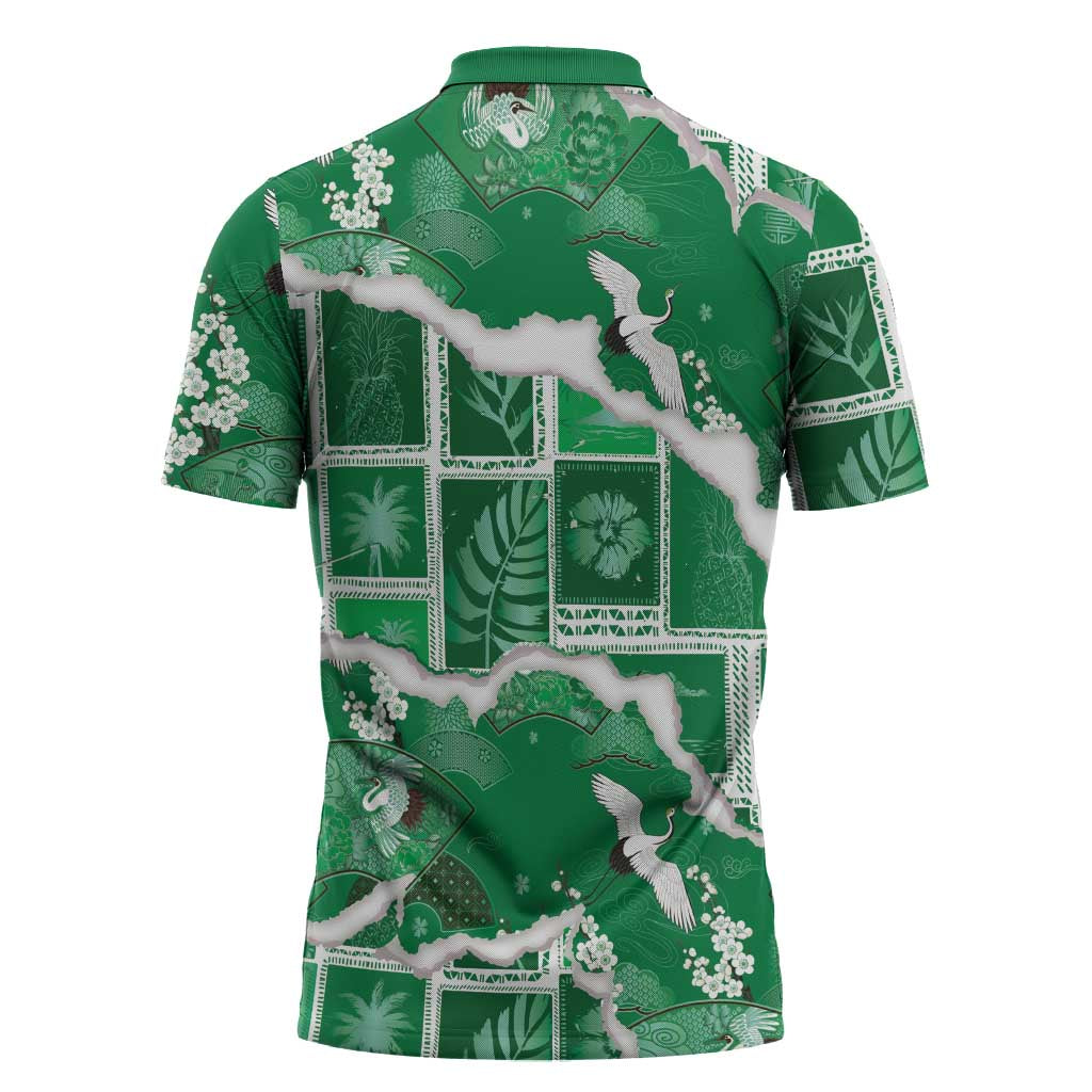 Hawaii Japanese Culture Green Zipper Polo Shirt Spring Cranes Aloha Pattern