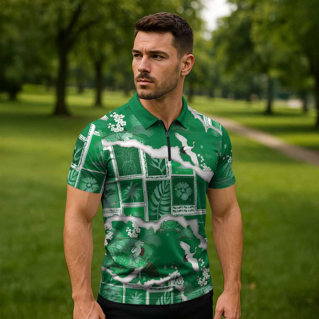 Hawaii Japanese Culture Green Zipper Polo Shirt Spring Cranes Aloha Pattern