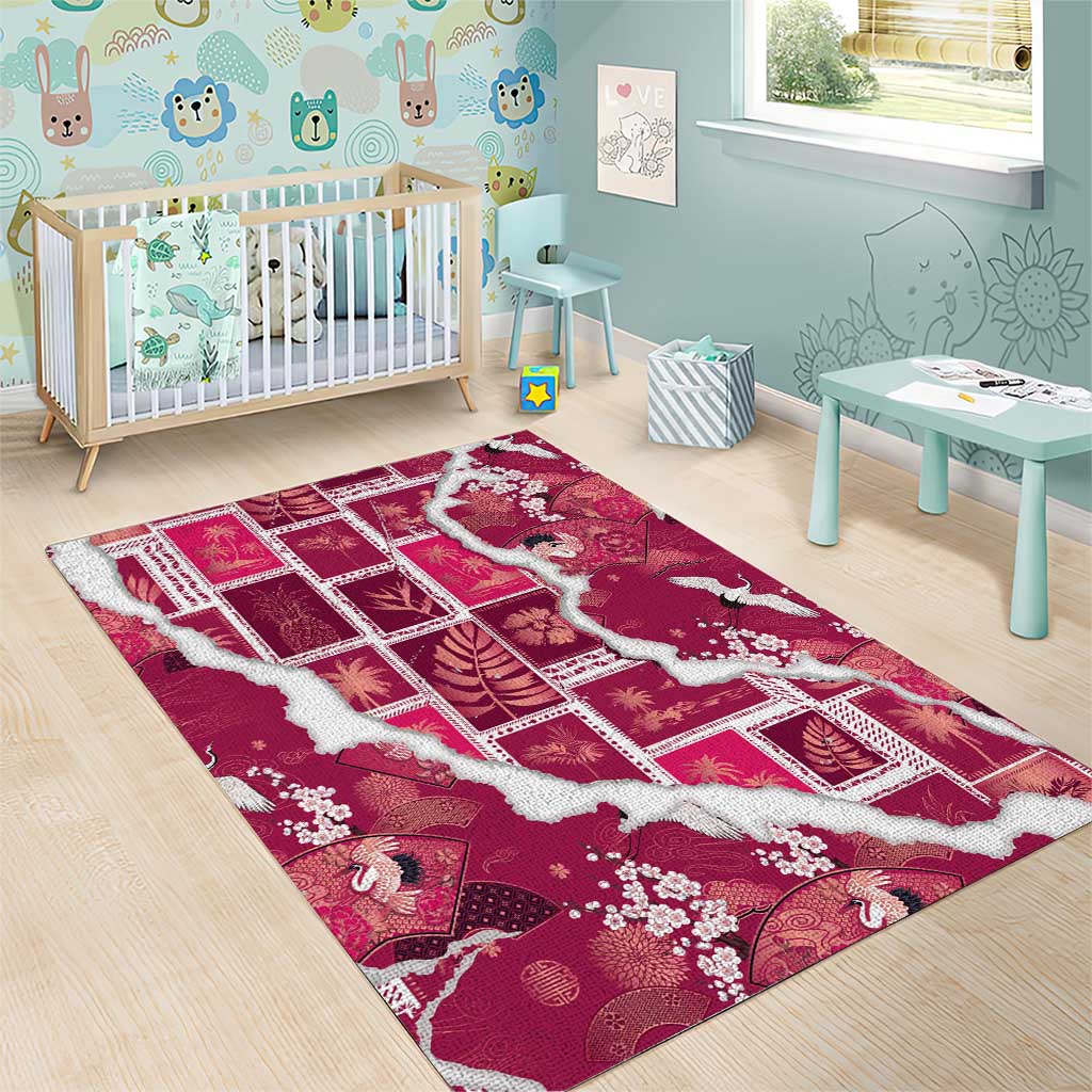 Hawaii Japanese Culture Pink Area Rug Spring Cranes Aloha Pattern