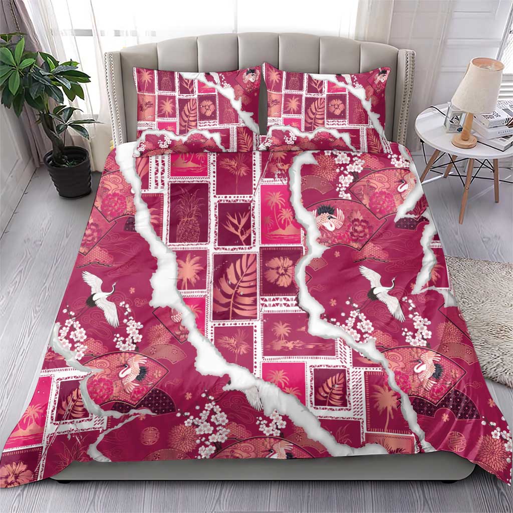 Hawaii Japanese Culture Pink Bedding Set Spring Cranes Aloha Pattern