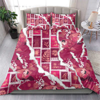 Hawaii Japanese Culture Pink Bedding Set Spring Cranes Aloha Pattern
