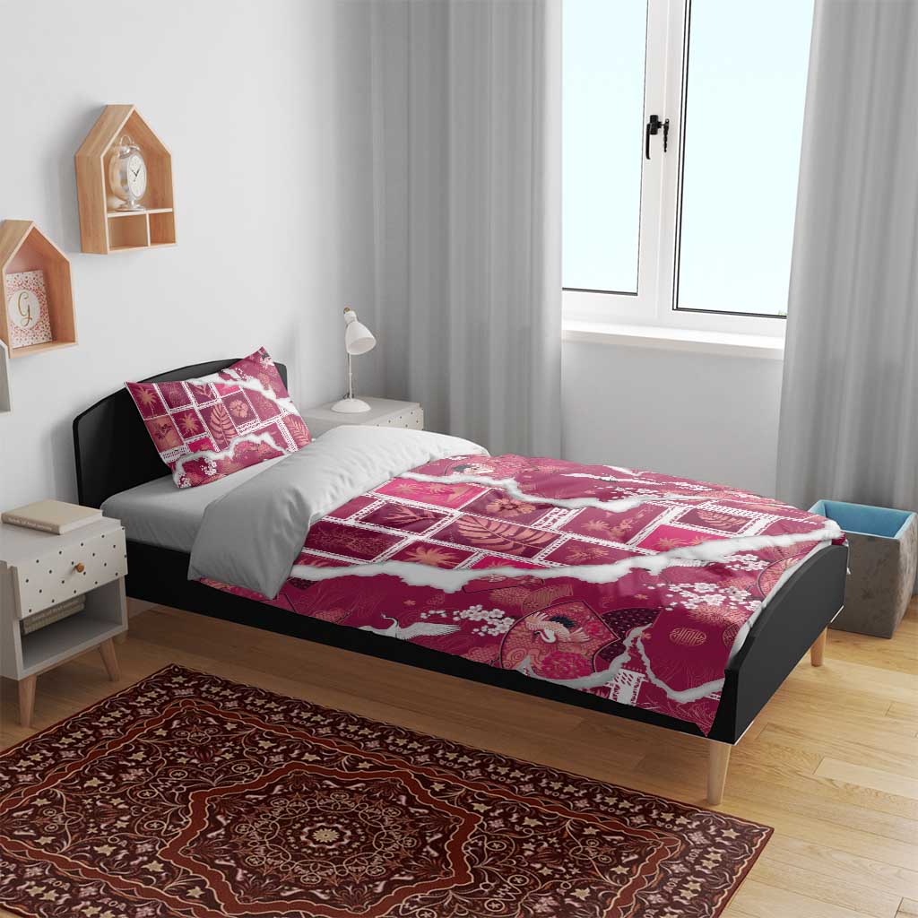 Hawaii Japanese Culture Pink Bedding Set Spring Cranes Aloha Pattern