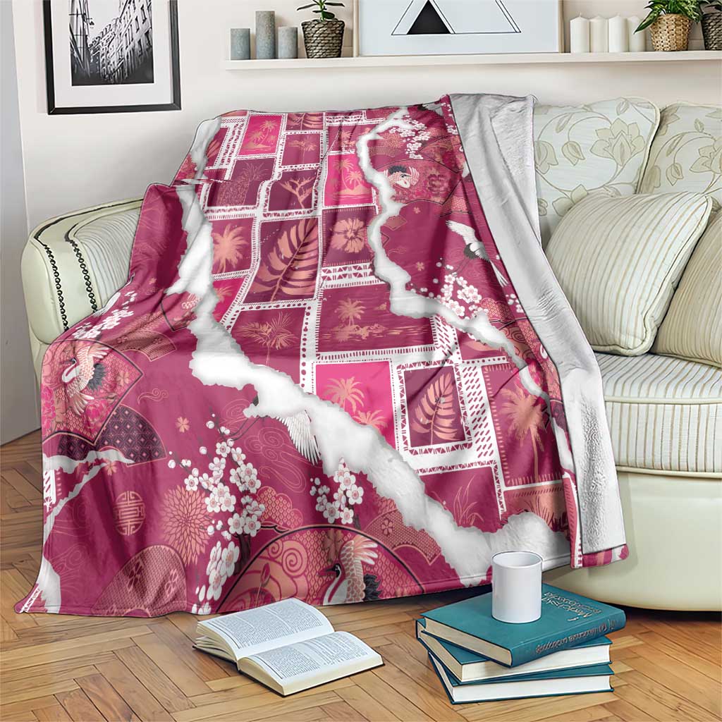 Hawaii Japanese Culture Pink Blanket Spring Cranes Aloha Pattern