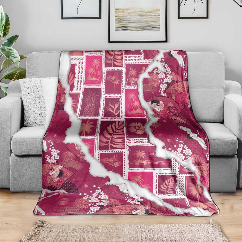 Hawaii Japanese Culture Pink Blanket Spring Cranes Aloha Pattern