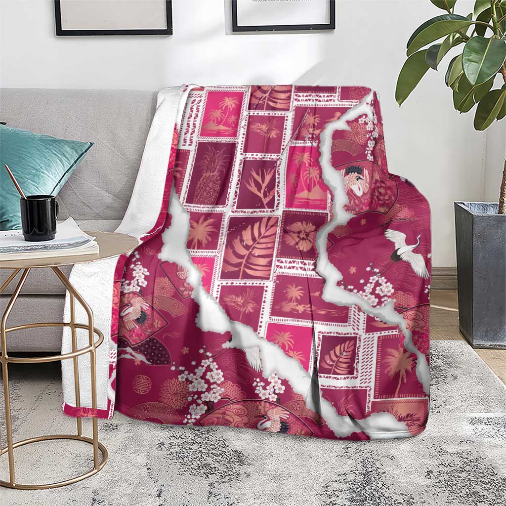 Hawaii Japanese Culture Pink Blanket Spring Cranes Aloha Pattern