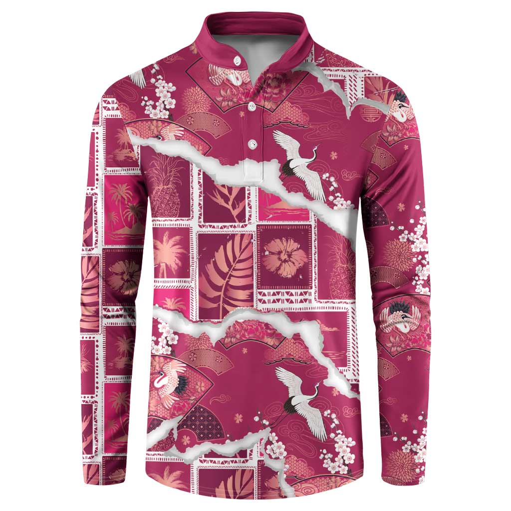 Hawaii Japanese Culture Pink Button Sweatshirt Spring Cranes Aloha Pattern