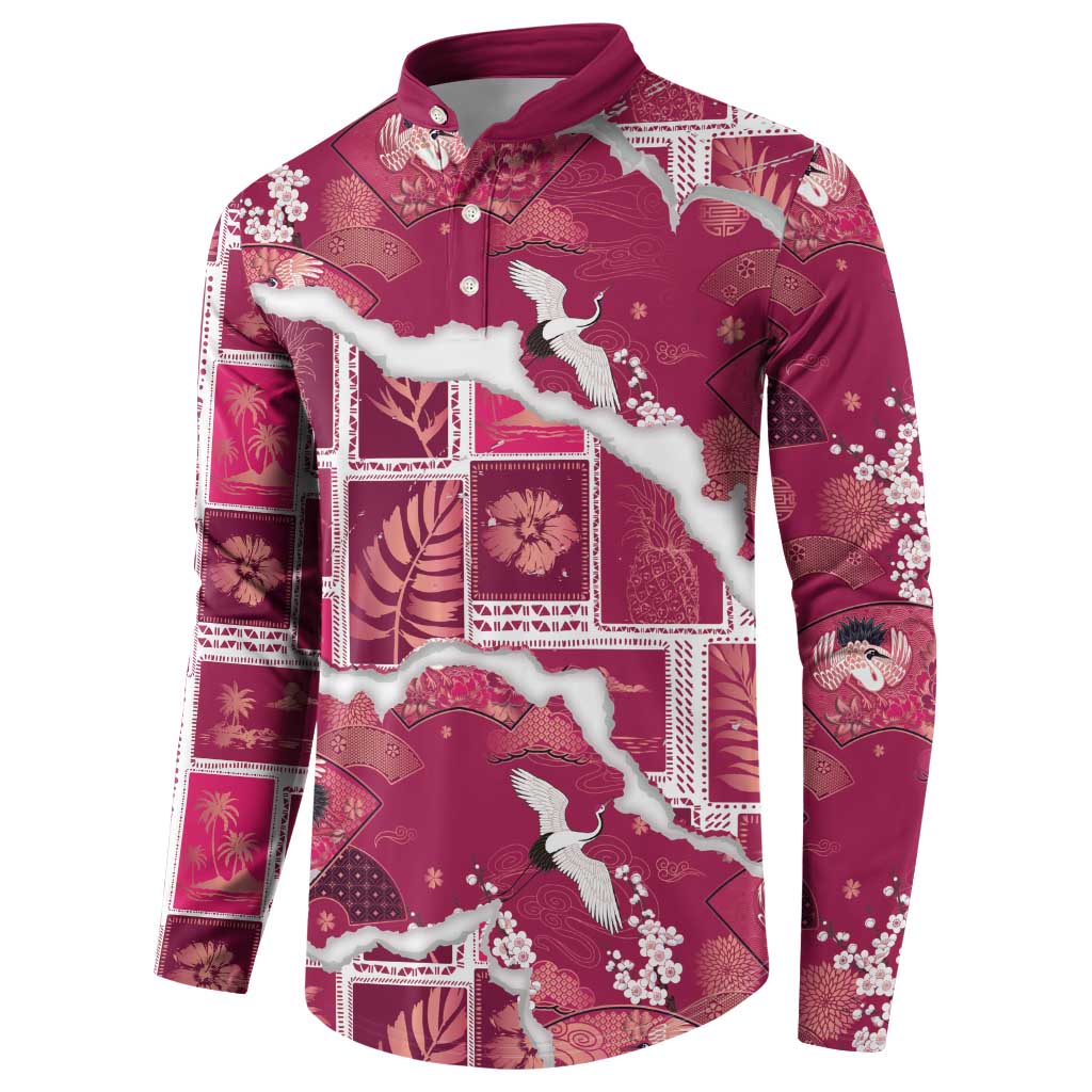 Hawaii Japanese Culture Pink Button Sweatshirt Spring Cranes Aloha Pattern