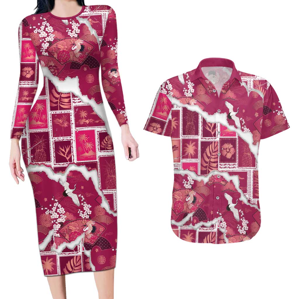 Hawaii Japanese Culture Pink Couples Matching Long Sleeve Bodycon Dress and Hawaiian Shirt Spring Cranes Aloha Pattern