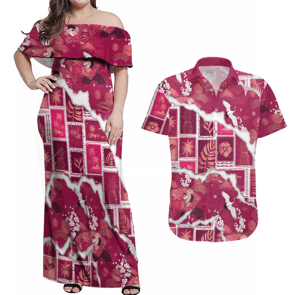 Hawaii Japanese Culture Pink Couples Matching Off Shoulder Maxi Dress and Hawaiian Shirt Spring Cranes Aloha Pattern