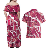Hawaii Japanese Culture Pink Couples Matching Off Shoulder Maxi Dress and Hawaiian Shirt Spring Cranes Aloha Pattern