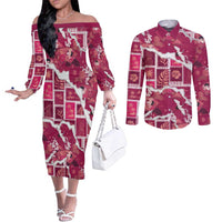 Hawaii Japanese Culture Pink Couples Matching Off The Shoulder Long Sleeve Dress and Long Sleeve Button Shirt Spring Cranes Aloha Pattern