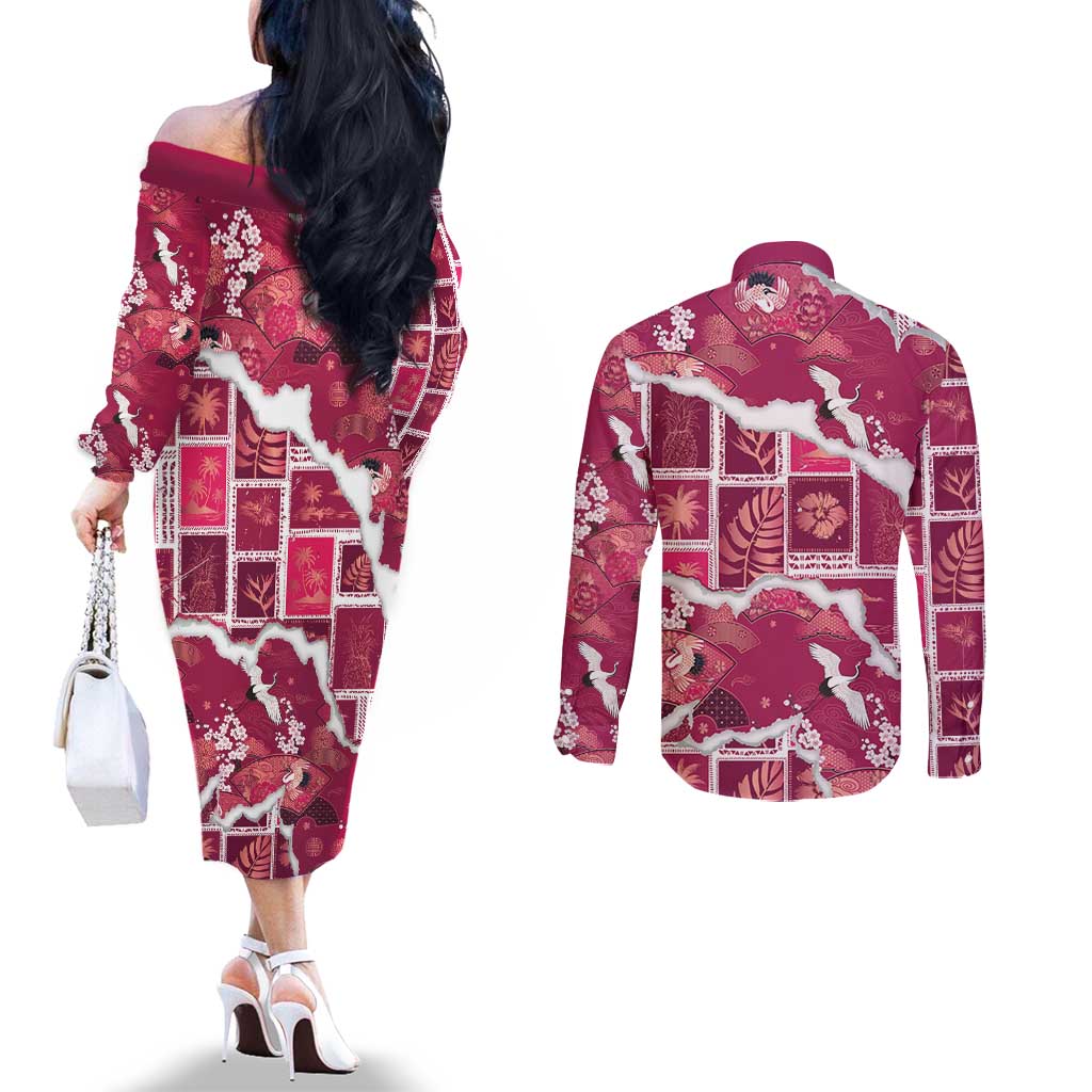 Hawaii Japanese Culture Pink Couples Matching Off The Shoulder Long Sleeve Dress and Long Sleeve Button Shirt Spring Cranes Aloha Pattern