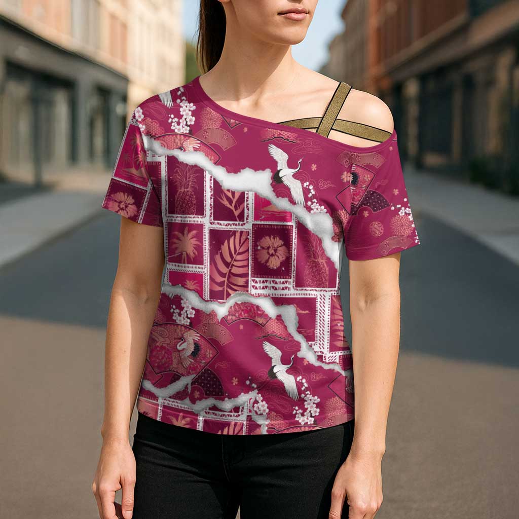 Hawaii Japanese Culture Pink Cross Shoulder Shirt Spring Cranes Aloha Pattern