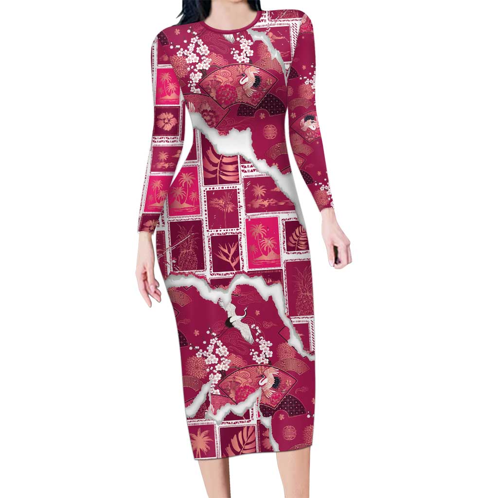 Hawaii Japanese Culture Pink Family Matching Long Sleeve Bodycon Dress and Hawaiian Shirt Spring Cranes Aloha Pattern LT01 Mom's Dress Pink - Polynesian Pride