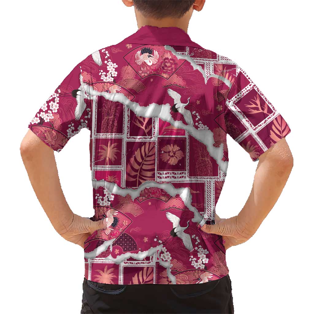 Hawaii Japanese Culture Pink Family Matching Off The Shoulder Long Sleeve Dress and Hawaiian Shirt Spring Cranes Aloha Pattern LT01 - Polynesian Pride