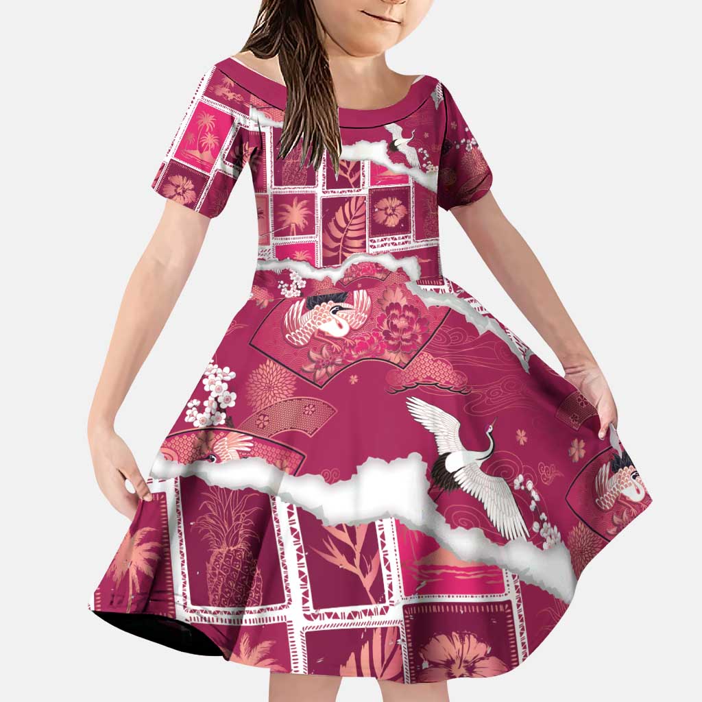 Hawaii Japanese Culture Pink Family Matching Off Shoulder Maxi Dress and Hawaiian Shirt Spring Cranes Aloha Pattern LT01 Daughter's Dress Pink - Polynesian Pride