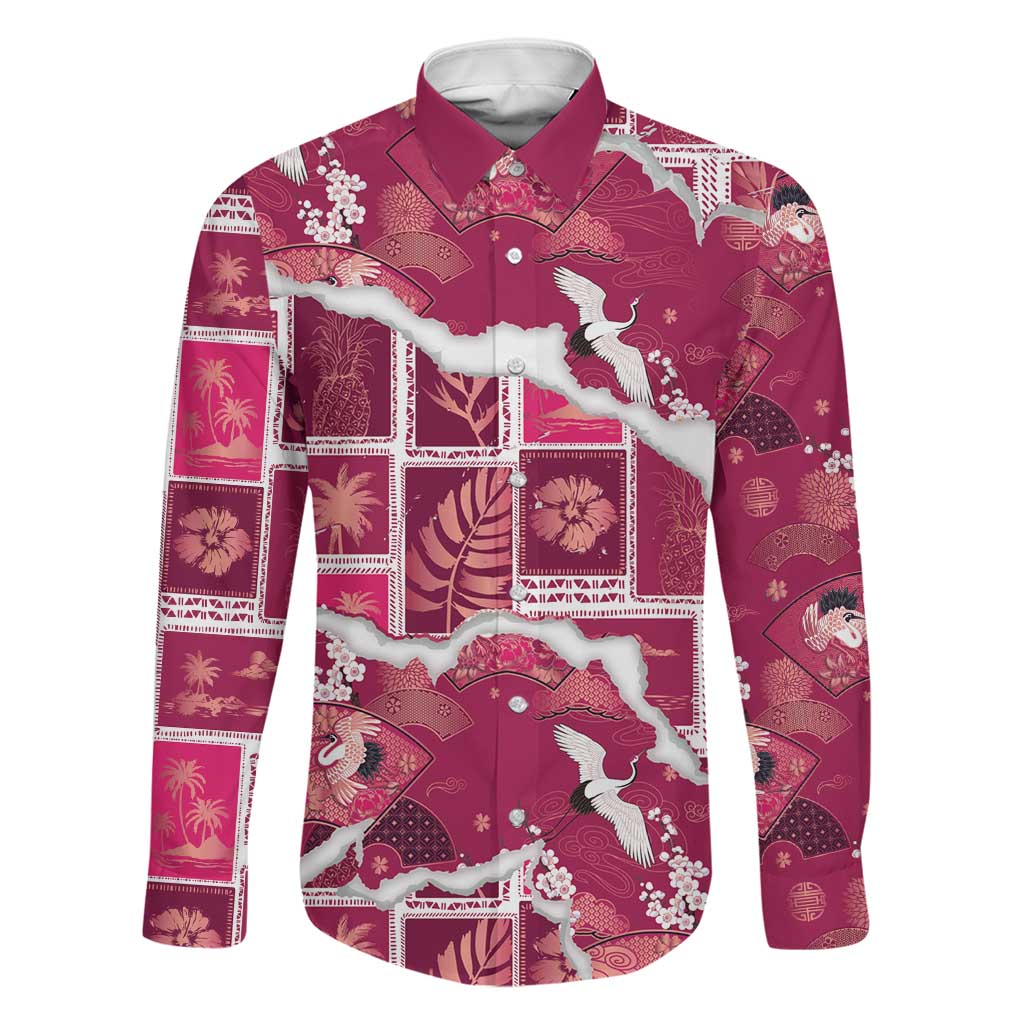 Hawaii Japanese Culture Pink Family Matching Off Shoulder Short Dress and Hawaiian Shirt Spring Cranes Aloha Pattern LT01 Dad's Shirt - Long Sleeve Pink - Polynesian Pride