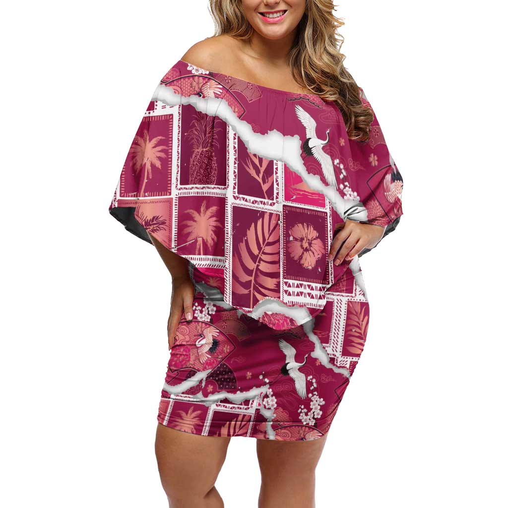 Hawaii Japanese Culture Pink Family Matching Off Shoulder Short Dress and Hawaiian Shirt Spring Cranes Aloha Pattern LT01 Mom's Dress Pink - Polynesian Pride