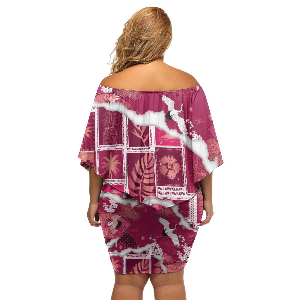 Hawaii Japanese Culture Pink Family Matching Off Shoulder Short Dress and Hawaiian Shirt Spring Cranes Aloha Pattern LT01 - Polynesian Pride