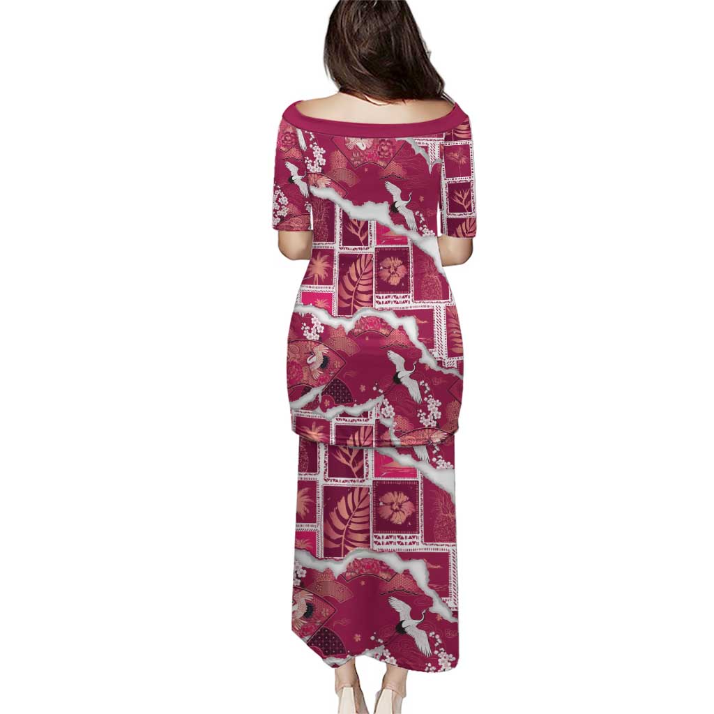 Hawaii Japanese Culture Pink Family Matching Puletasi and Hawaiian Shirt Spring Cranes Aloha Pattern
