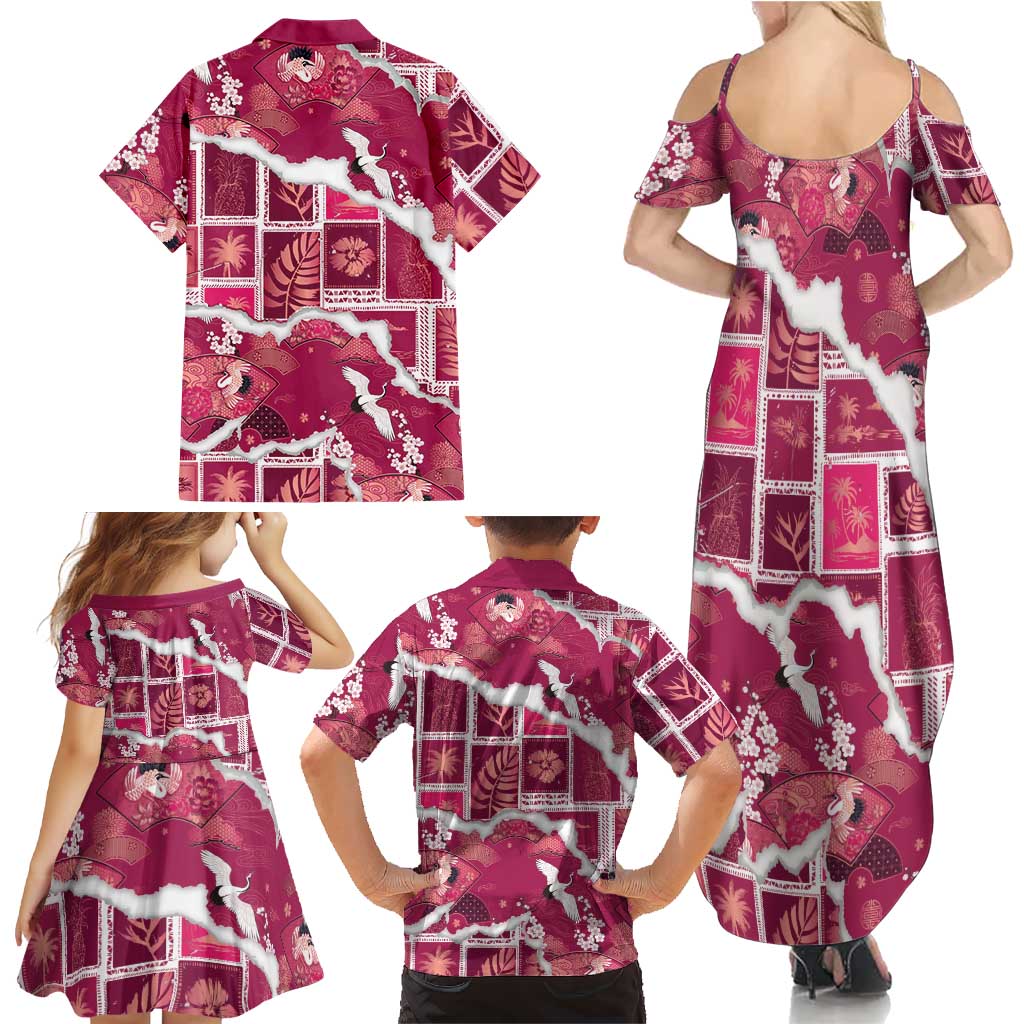 Hawaii Japanese Culture Pink Family Matching Summer Maxi Dress and Hawaiian Shirt Spring Cranes Aloha Pattern LT01 - Polynesian Pride