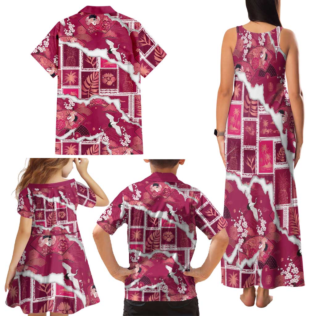 Hawaii Japanese Culture Pink Family Matching Tank Maxi Dress and Hawaiian Shirt Spring Cranes Aloha Pattern LT01 - Polynesian Pride