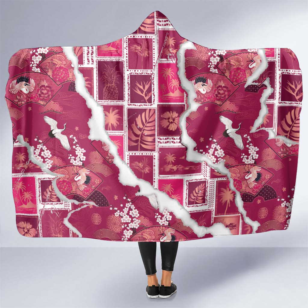 Hawaii Japanese Culture Pink Hooded Blanket Spring Cranes Aloha Pattern