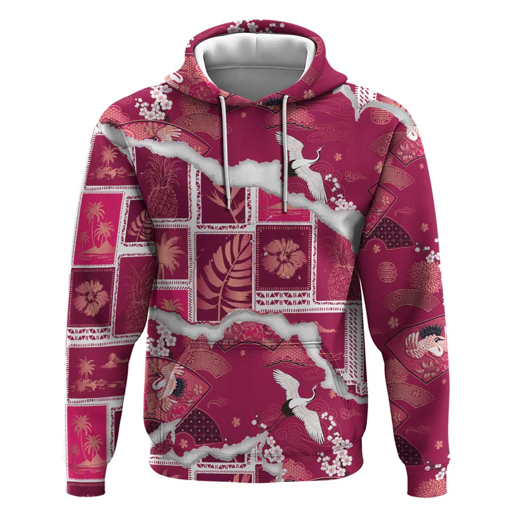 Hawaii Japanese Culture Pink Hoodie Spring Cranes Aloha Pattern