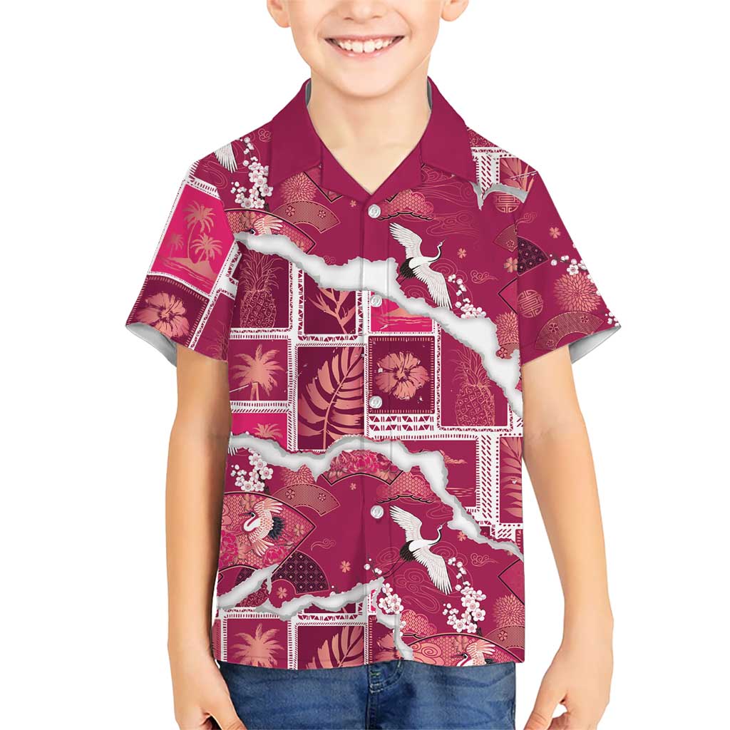 Hawaii Japanese Culture Pink Kid Hawaiian Shirt Spring Cranes Aloha Pattern