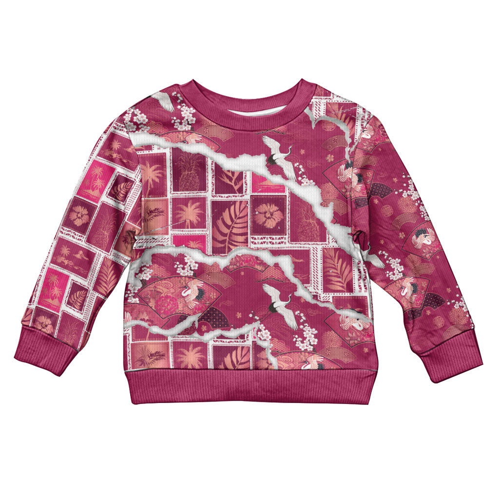 Hawaii Japanese Culture Pink Kid Ugly Christmas Sweater Spring Cranes Aloha Pattern LT01 Kid Pink - Polynesian Pride