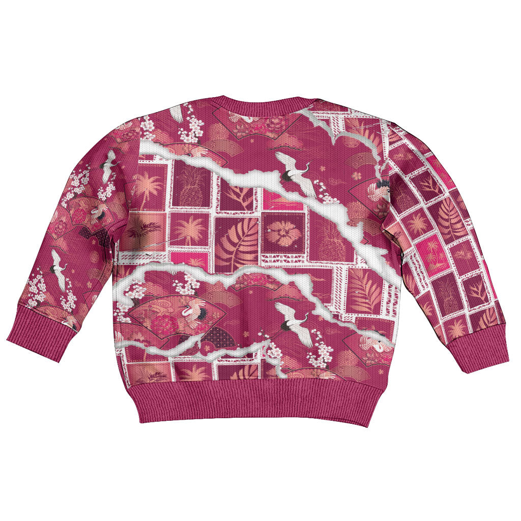 Hawaii Japanese Culture Pink Kid Ugly Christmas Sweater Spring Cranes Aloha Pattern LT01 - Polynesian Pride