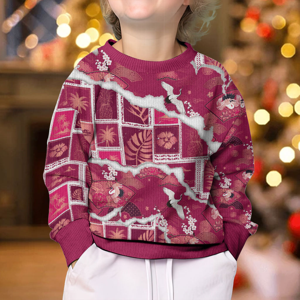 Hawaii Japanese Culture Pink Kid Ugly Christmas Sweater Spring Cranes Aloha Pattern LT01 - Polynesian Pride