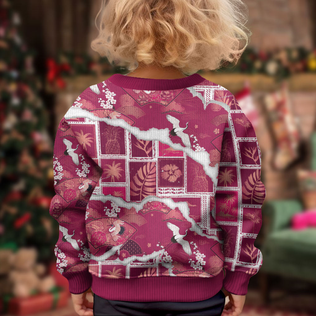 Hawaii Japanese Culture Pink Kid Ugly Christmas Sweater Spring Cranes Aloha Pattern LT01 - Polynesian Pride
