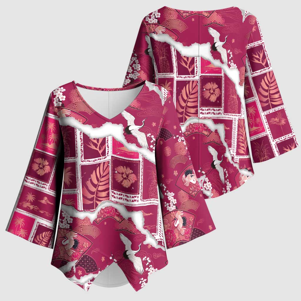 Hawaii Japanese Culture Pink Kimono Sleeve Blouse Spring Cranes Aloha Pattern