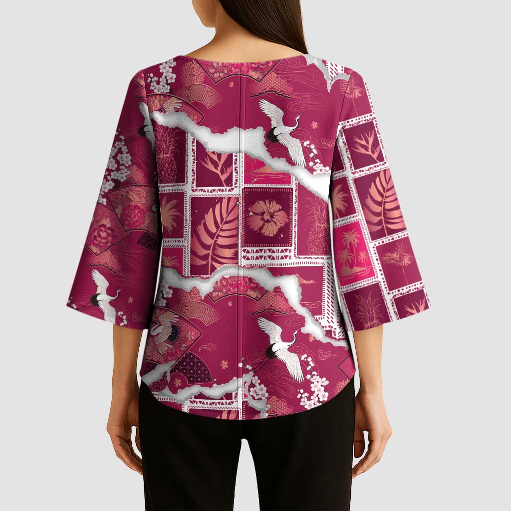 Hawaii Japanese Culture Pink Kimono Sleeve Blouse Spring Cranes Aloha Pattern