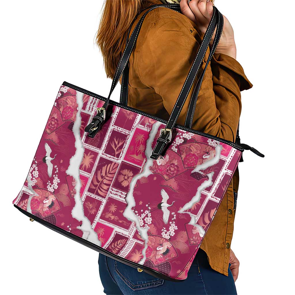 Hawaii Japanese Culture Pink Leather Tote Bag Spring Cranes Aloha Pattern