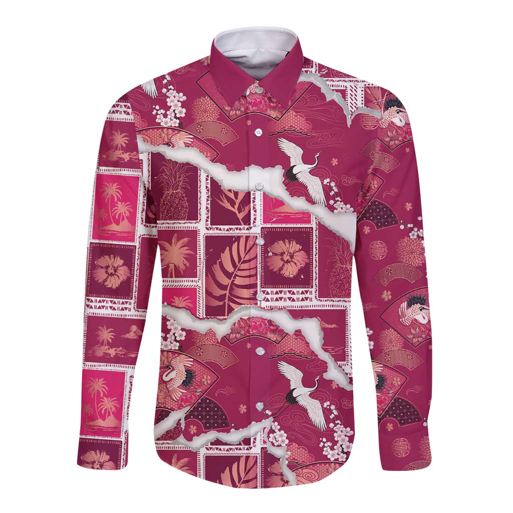 Hawaii Japanese Culture Pink Long Sleeve Button Shirt Spring Cranes Aloha Pattern