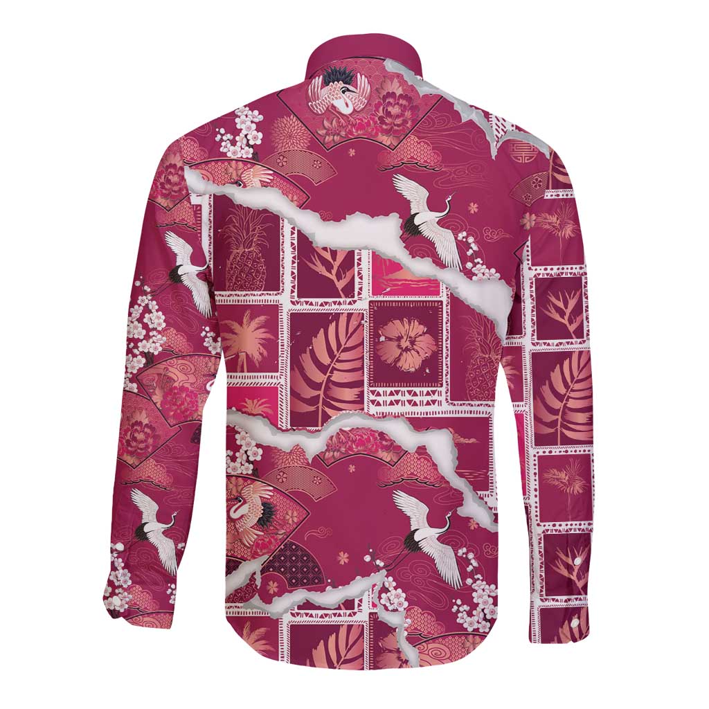 Hawaii Japanese Culture Pink Long Sleeve Button Shirt Spring Cranes Aloha Pattern