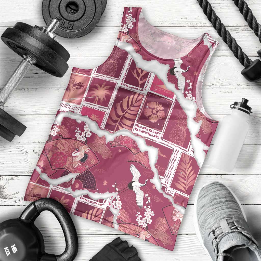 Hawaii Japanese Culture Pink Men Tank Top Spring Cranes Aloha Pattern