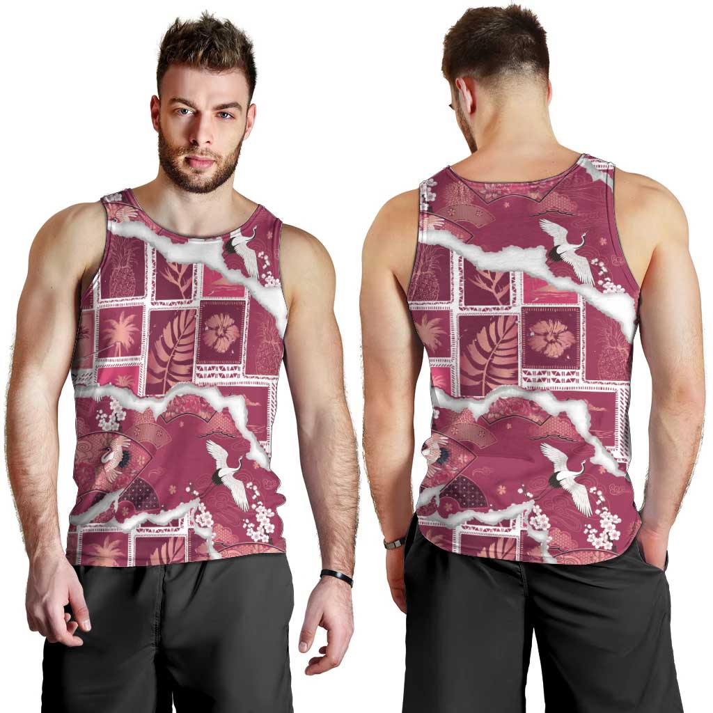 Hawaii Japanese Culture Pink Men Tank Top Spring Cranes Aloha Pattern