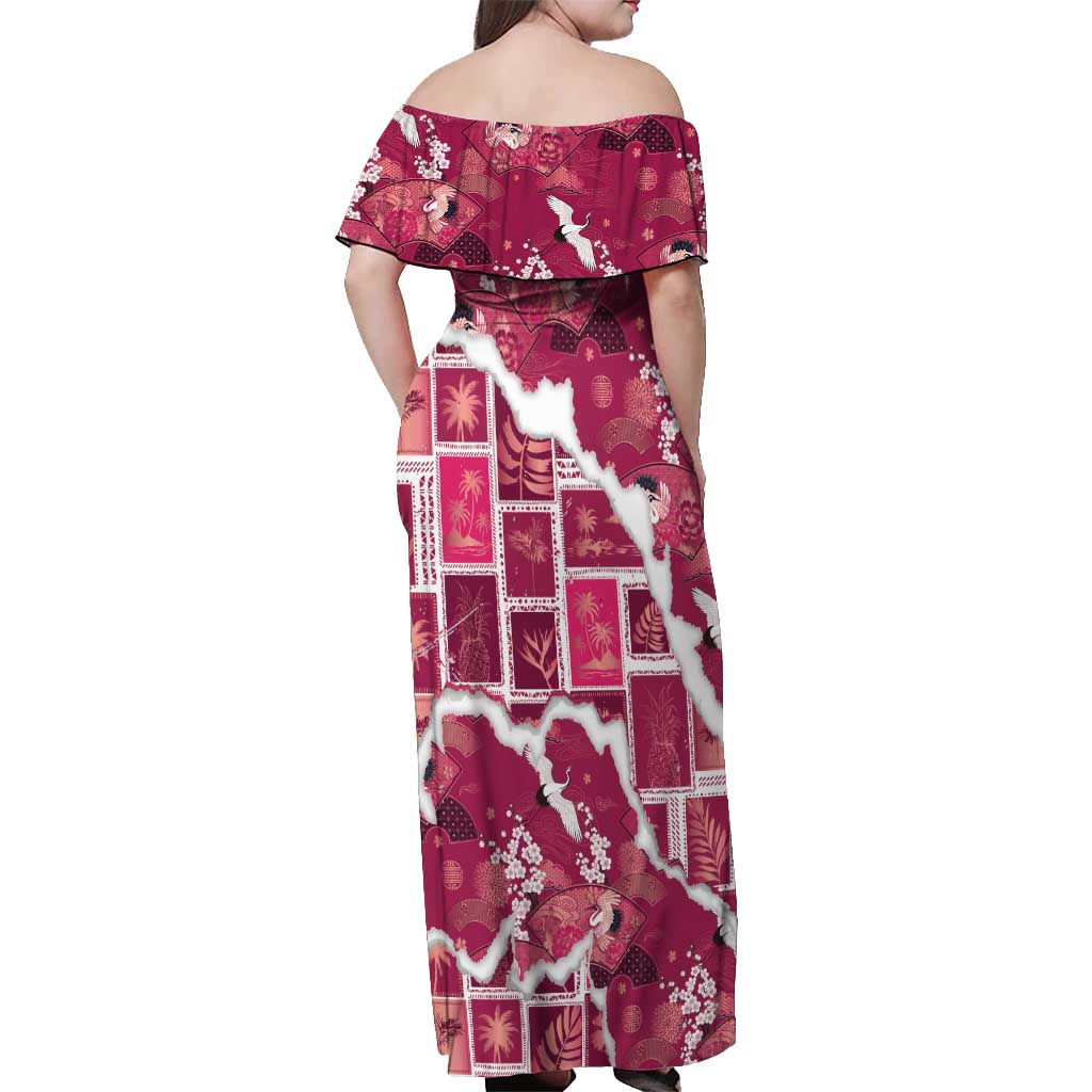 Hawaii Japanese Culture Pink Off Shoulder Maxi Dress Spring Cranes Aloha Pattern