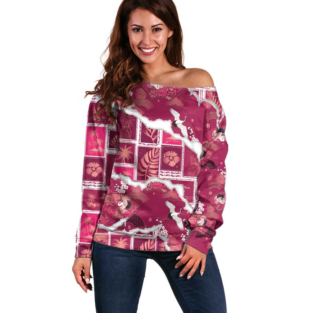 Hawaii Japanese Culture Pink Off Shoulder Sweater Spring Cranes Aloha Pattern